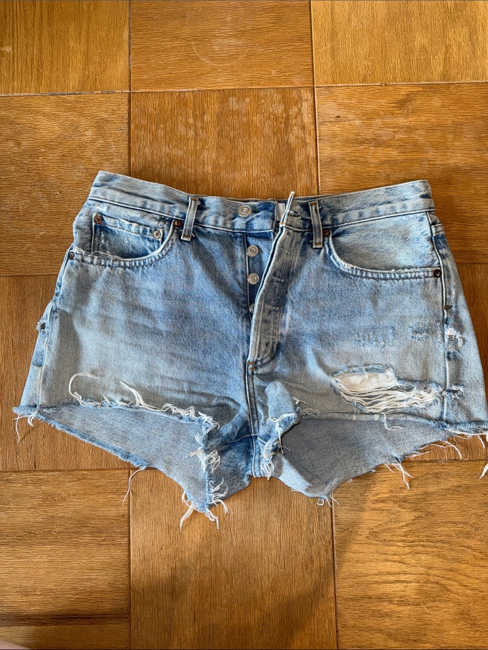 Agolde Light Blue Distressed Denim Shorts